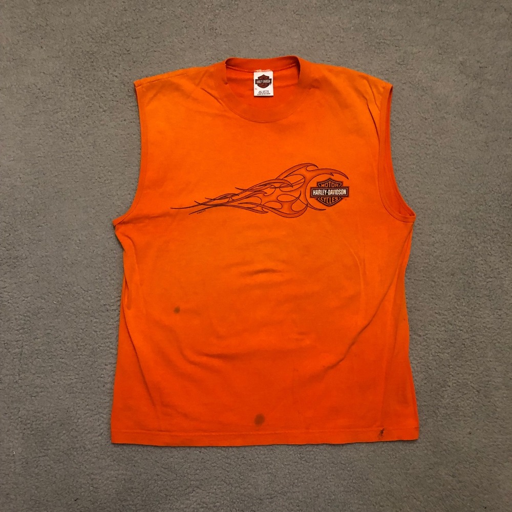 Vtg 2002 Harley Davidson Sleeveless T Shirt XL Faded Distressed NC Biker Flame